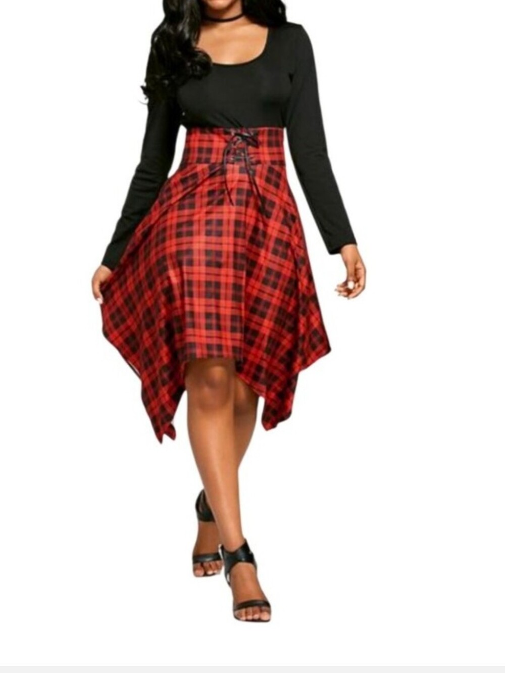 Plaid Handkerchief Hem Skirt - Red